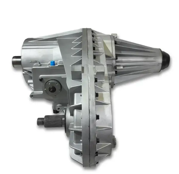 Side profile of an NV271D transfer case showing manual shift selector and upgraded rear housing with anti-pump rub design