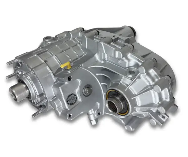Front view of NP263XHD remanufactured transfer case for sale that is showing the input shaft and mounting face for 2001–2007 GM 2500HD/3500HD with Duramax or 8.1L engine