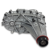 Rear angle of an 261HD transfer case displaying fixed output yoke and upgraded rear case for 4L80E-equipped GM trucks