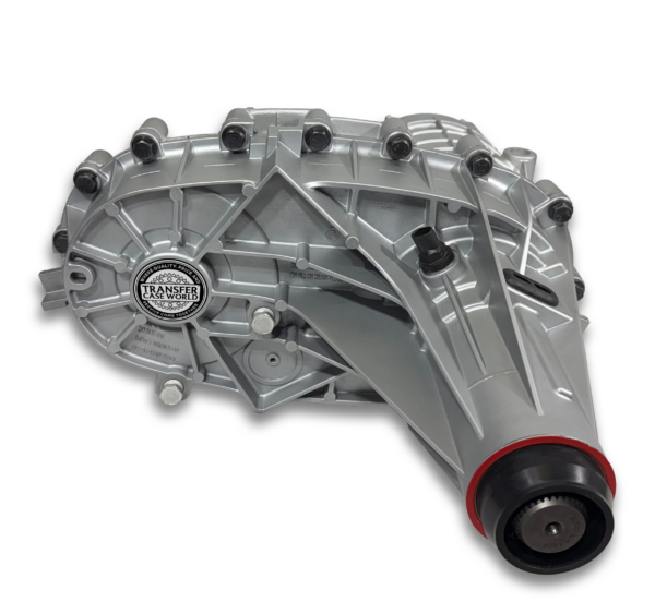 Rear angle of an 261HD transfer case displaying fixed output yoke and upgraded rear case for 4L80E-equipped GM trucks