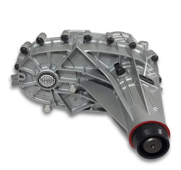 Rear angle of NP261XHD transfer case showing fixed output yoke and upgraded rear housing used in GM 4x4 trucks with Allison transmission