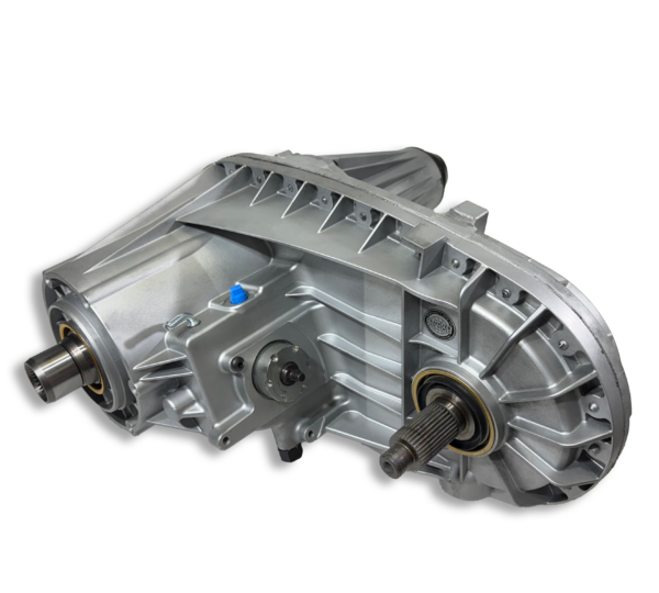 Remanufactured NP271F transfer case pictured at an angle showing front and rear housings. Direct replacement for 1999–2010 Ford Super Duty 4x4 trucks.